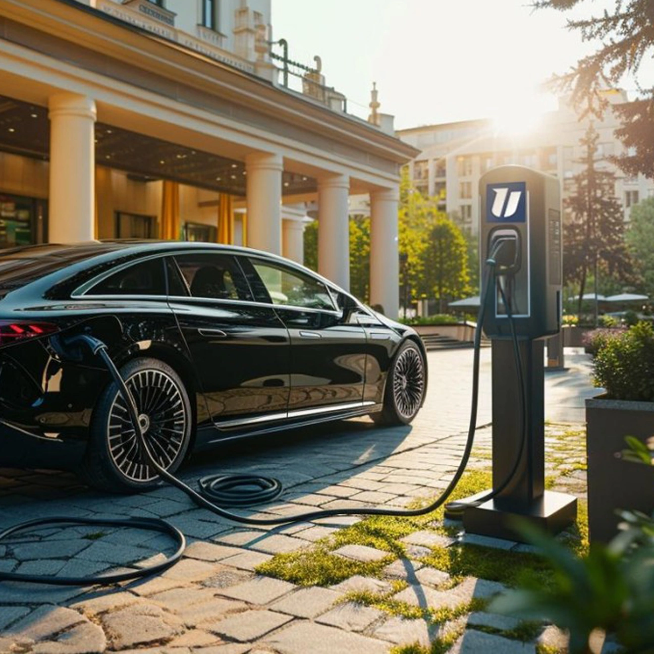 Elektrické auto se nabíjí na veřejné nabíjecí stanici ve městě.