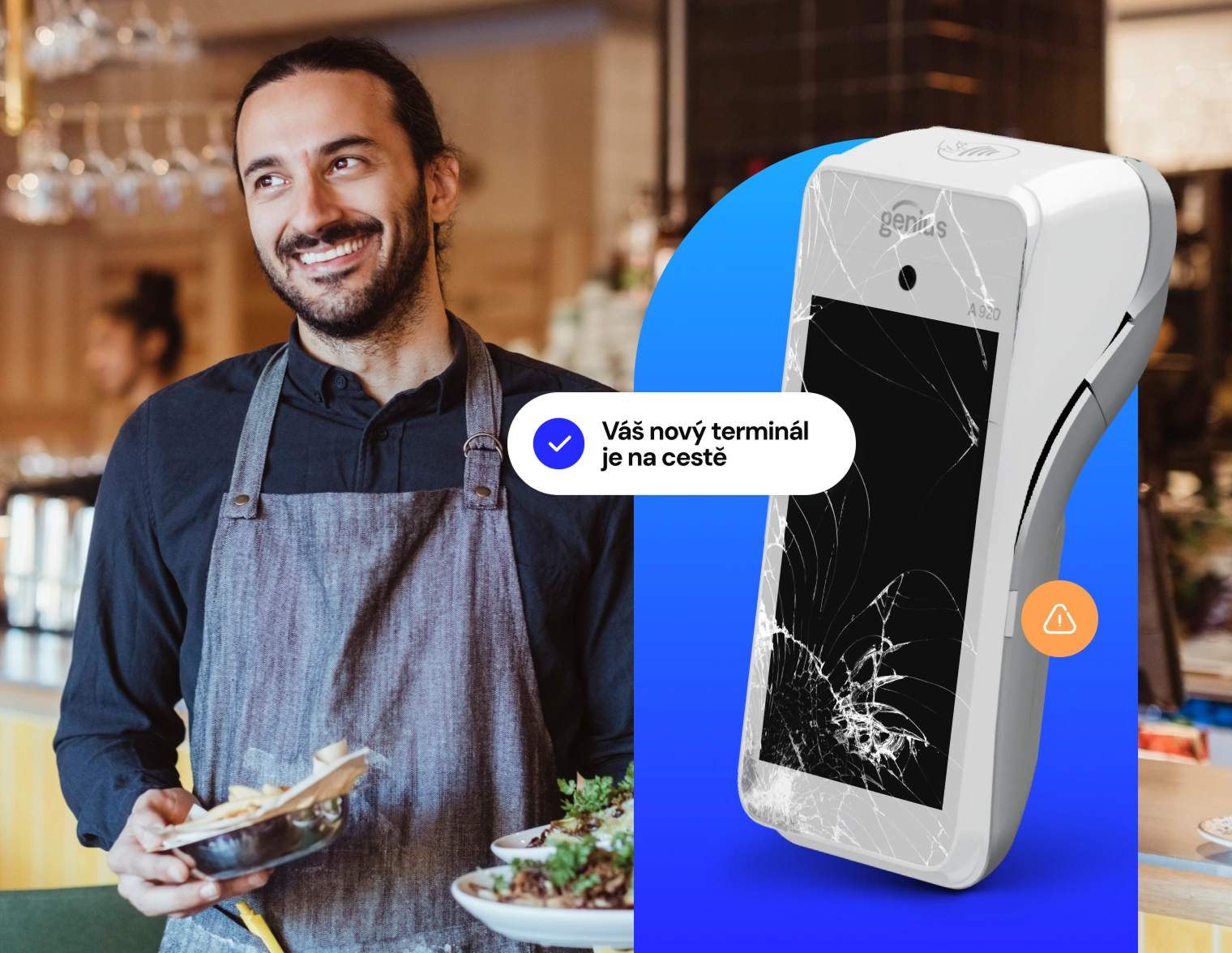 Podnikatel v restauraci s jídlem, vedle něj zpráva - Váš nový terminál je na cestě