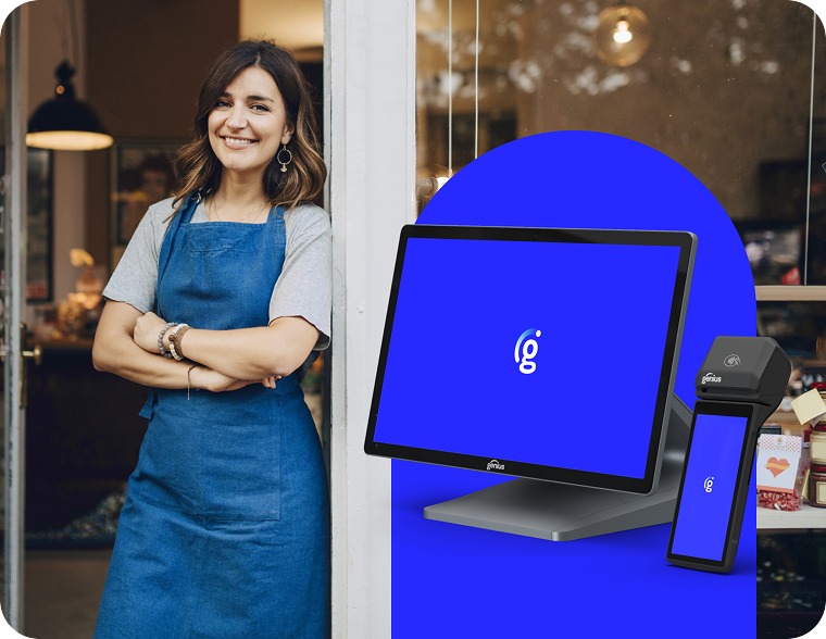 Obchodník stojí ve dveřích obchodu vedle obrazovky s logem Global Payments.