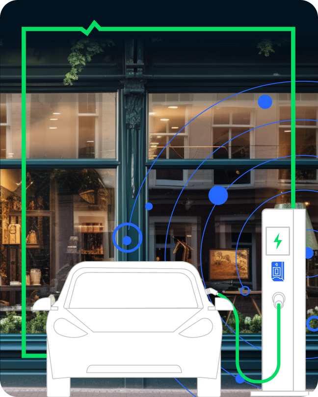 Ilustrace elektromobilu zapojeného k nabíjecí stanici před obchodem.