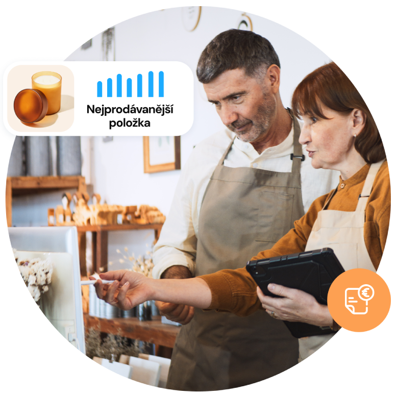 Male and female employees in a bakery holding a tablet and talking