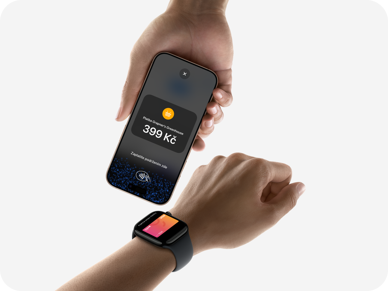 Bezkontaktní platba z Apple Watch přes GP tom na iPhone.