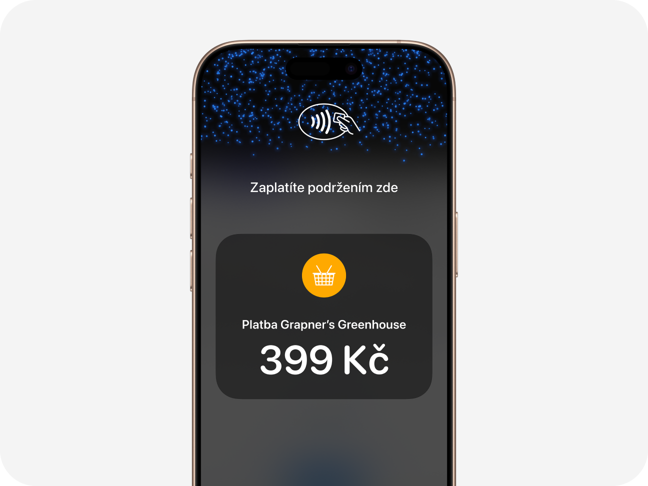 Displej iPhonu s aplikací GP tom a výzvou k bezkontaktní platbě