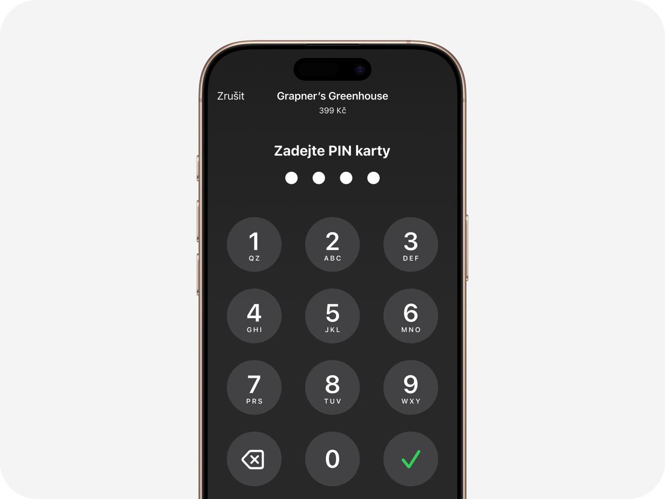 Obrazovka iPhonu při zadávání PINu karty během bezkontaktní platby.